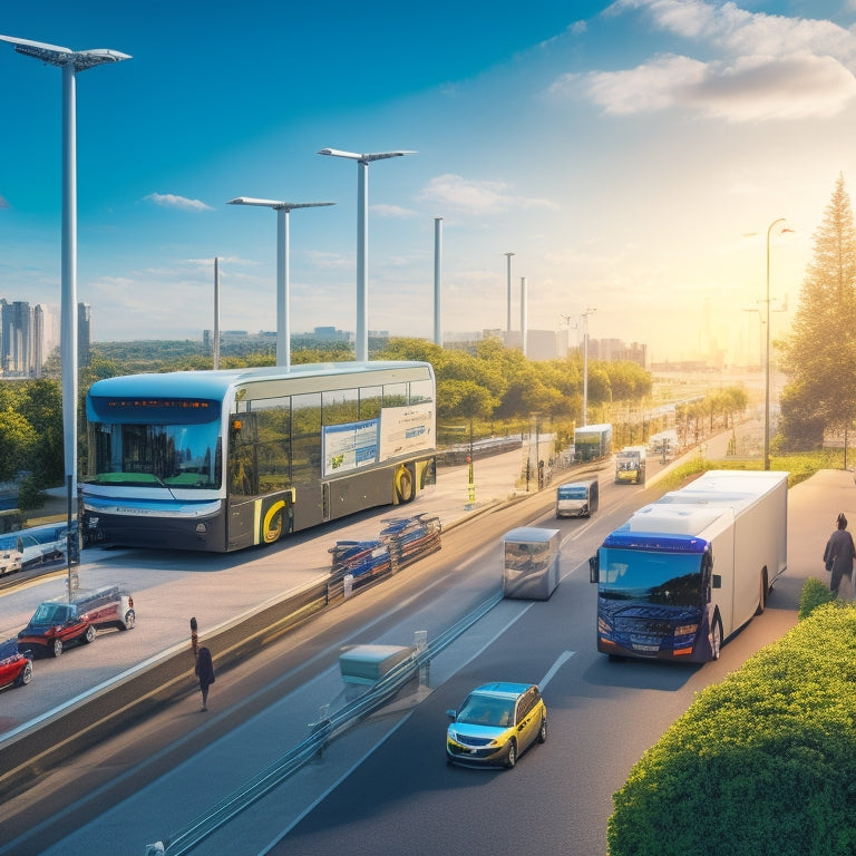 An illustration of a cityscape with a mix of electric and gas-powered vehicles, featuring a prominent electric truck or bus in the foreground, with greenery and charging stations surrounding it.