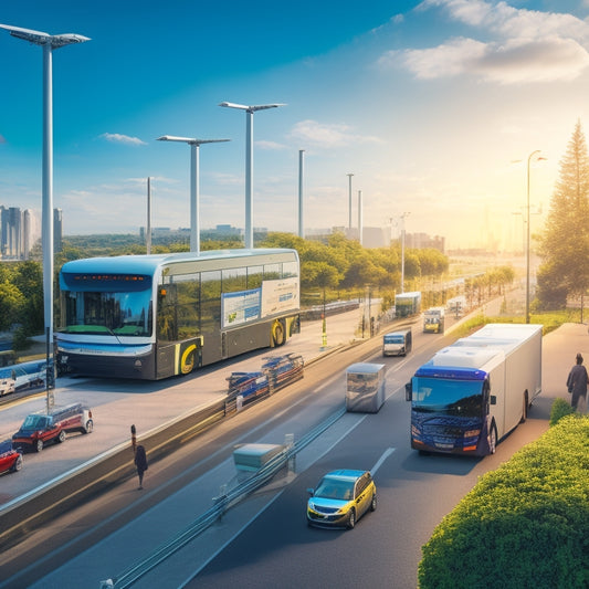 An illustration of a cityscape with a mix of electric and gas-powered vehicles, featuring a prominent electric truck or bus in the foreground, with greenery and charging stations surrounding it.