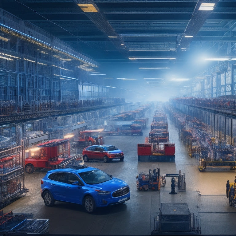 An illustration of a bustling factory floor with rows of electric vehicles in various stages of production, surrounded by busy workers in UAW uniforms, with sparks flying from welding torches.