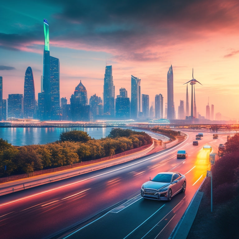 A futuristic cityscape at dusk with sleek, silver electric vehicles gliding along a winding road, surrounded by neon-lit skyscrapers and wind turbines generating clean energy.