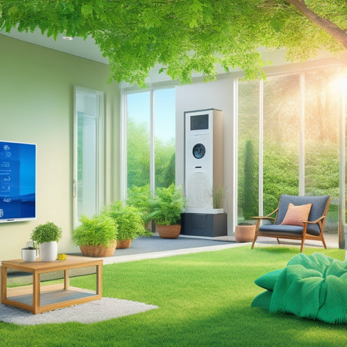 An illustration of a modern, eco-friendly home with a hybrid heat pump unit outside, surrounded by blooming greenery, and a split-screen interior showing a cozy living room with a thermostat displaying a perfect temperature.