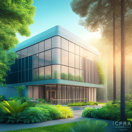 A serene, minimalist illustration of a modern green building surrounded by lush foliage, with a subtle, glowing aura emanating from the air vents, highlighting the importance of HEPA filters.