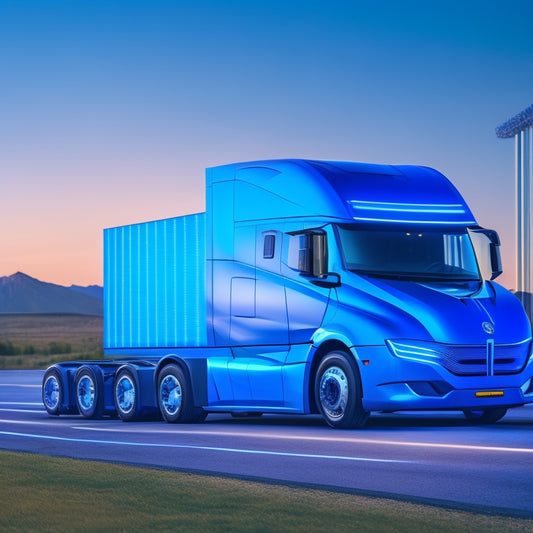 A futuristic, angular electric truck parked in front of a sleek, modern charging station with glowing blue lines and a large, curved solar panel array in the background.