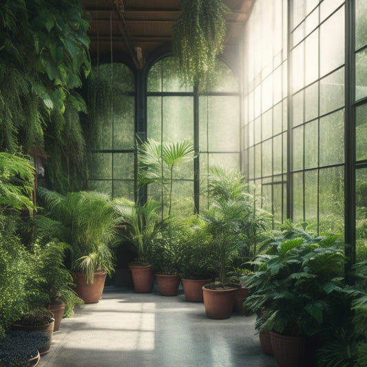 A serene greenhouse interior with lush green plants, gentle breeze rustling leaves, and soft natural light pouring in through open roof vents, highlighting the harmony between nature and efficient cultivation.