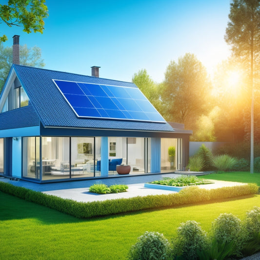 An illustration of a modern home with glowing blue lines and nodes representing energy flow, surrounded by green leaves and a bright sun, highlighting efficient energy usage and eco-friendliness.