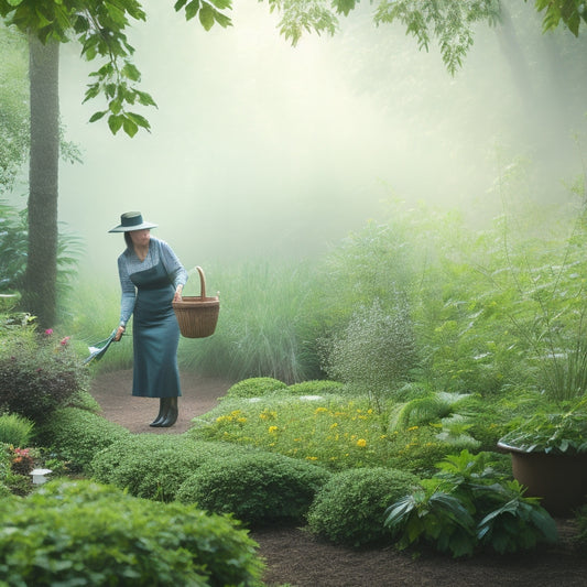 A serene garden scene with a person in the background, gently raking leaves into a woven basket, amidst lush greenery, vibrant flowers, and a subtle misty atmosphere, with a few scattered garden tools and a watering can.