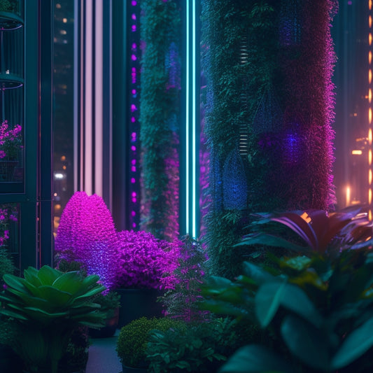 A futuristic cityscape with sleek, towering vertical gardens, illuminated by soft LED lights, featuring lush greenery and vibrant flowers, surrounded by humming IoT sensors and sleek, metallic trellises.