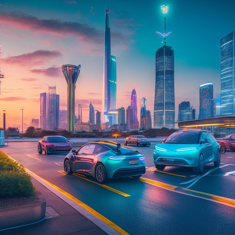 A futuristic cityscape at dusk with sleek, electric vehicles parked along a curved road, surrounded by neon-lit skyscrapers, with a prominent EV charger station in the foreground.