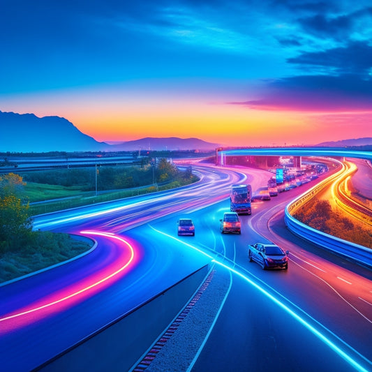 A futuristic highway landscape at dusk, featuring sleek electric cars zooming past, with glowing blue charging lanes and towering, modern charging stations in the background.
