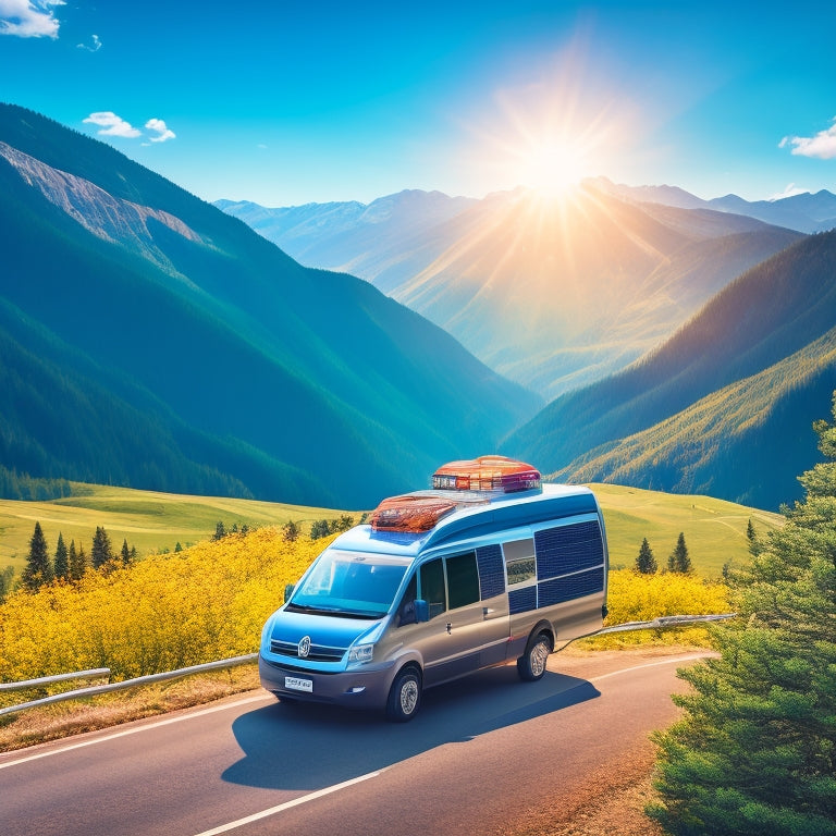 An illustration of a van with solar panels on the roof, driving through a scenic mountain landscape with a bright blue sky, surrounded by evergreen trees and a winding road.