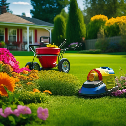 A serene, sun-drenched lawn with a mix of vibrant green grass and colorful flowers, surrounded by neatly arranged, eco-friendly gardening tools, including a rechargeable lawn mower and pruning shears.