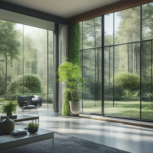 A serene modern home with floor-to-ceiling windows, automated shades, and sensors, surrounded by lush greenery, with a subtle glow of natural light peeking through the partially closed shades.