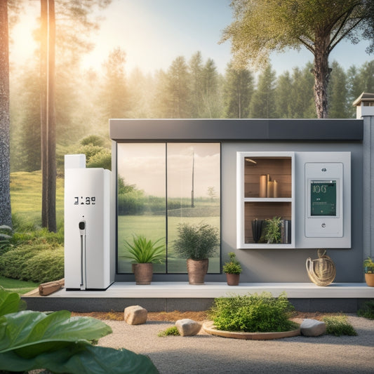 An illustration of a modern home with a geothermal system's underground pipes and a smart thermostat on the wall, surrounded by lush greenery and a subtle background of a temperature graph.