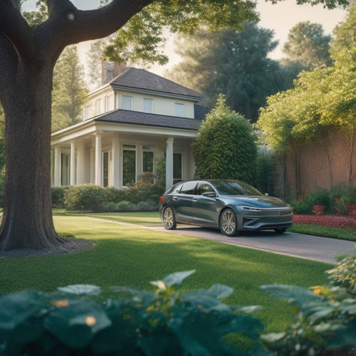 A serene suburban scene: a sleek electric vehicle parked in a driveway, surrounded by lush greenery, with a discreet irrigation system weaving through the garden, and a subtle EV charger in the background.