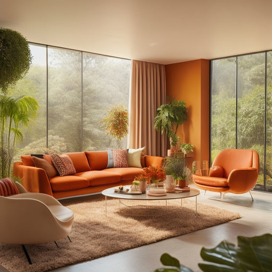 A warm, modern living room with a vibrant orange accent wall, sunburst-patterned rug, and sleek, curved furniture, illuminated by a large skylight and surrounded by lush greenery.