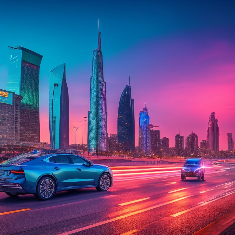 A futuristic cityscape of Riyadh at dusk, with sleek electric vehicles zooming past modern skyscrapers, neon lights reflecting off the pavement, and a subtle Saudi Arabian flag waving in the background.