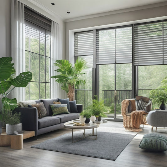A modern, eco-friendly living room with floor-to-ceiling windows, featuring a combination of solar shades, cellular shades, and plantation shutters, surrounded by lush greenery and natural light.