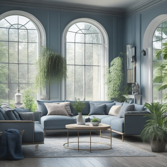 An illustration of a serene living room with large, triple-paned windows, lush greenery outside, and a subtle mist effect to convey soundproofing, set against a soothing blue-gray background.