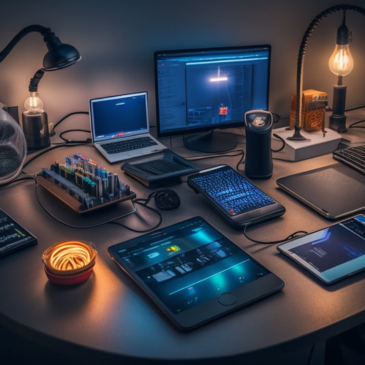 An image of a cluttered desk with multiple devices plugged into a traditional power strip, contrasted with a sleek, organized workspace using an intelligent power strip, with glowing LED lights and a smartphone displaying energy usage data.
