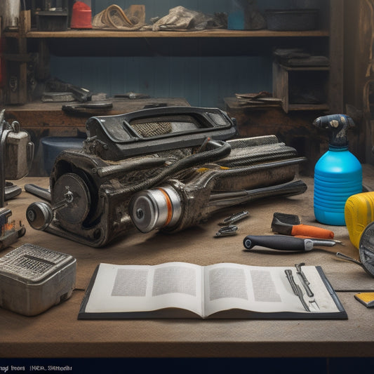 A detailed illustration of a Toyota 1E and 2E engine side by side, with wrenches, screwdrivers, and other DIY tools scattered around, surrounded by DIY workshop elements like a workbench and toolbox.