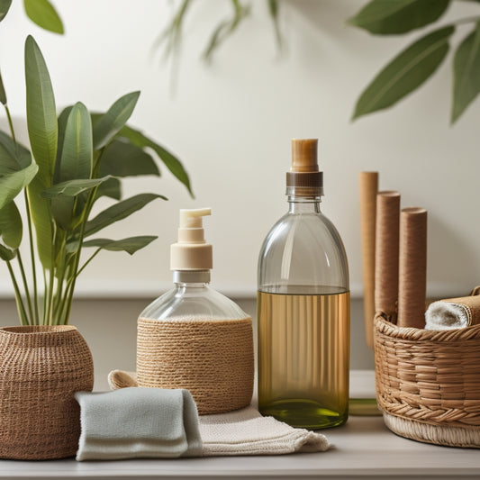 A serene, eco-friendly home interior with a wooden table holding a woven bamboo cleaning basket, a set of soft, microfiber cloths, and a refillable glass bottle with a plant-based soap label.