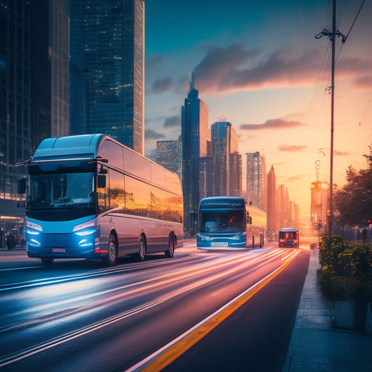A futuristic cityscape at dusk with sleek, electric commercial vehicles (trucks, buses, vans) zooming by, amidst a blurred background of skyscrapers, with bright, neon-lit charging stations and winding roads.