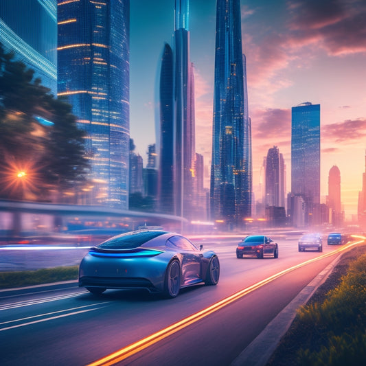 A futuristic cityscape at dusk with sleek, aerodynamic electric vehicles zooming past a blurred background, surrounded by neon-lit skyscrapers and winding roads lined with lush greenery.