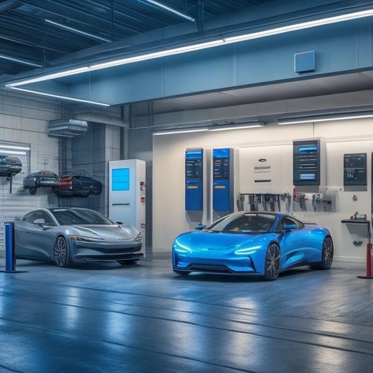 A futuristic, well-lit garage with 3-4 sleek electric vehicles (EVs) parked in charging bays, surrounded by toolboxes, diagnostic equipment, and a large calendar on the wall with marked maintenance schedules.