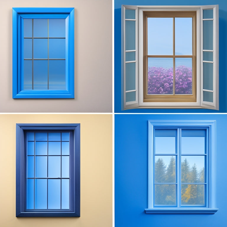 An illustration of five distinct window styles, each with a subtle glow effect and a unique energy-efficient feature (e.g., triple-paned glass, fiberglass frame, or low-E coating) against a soft, gradient blue background.