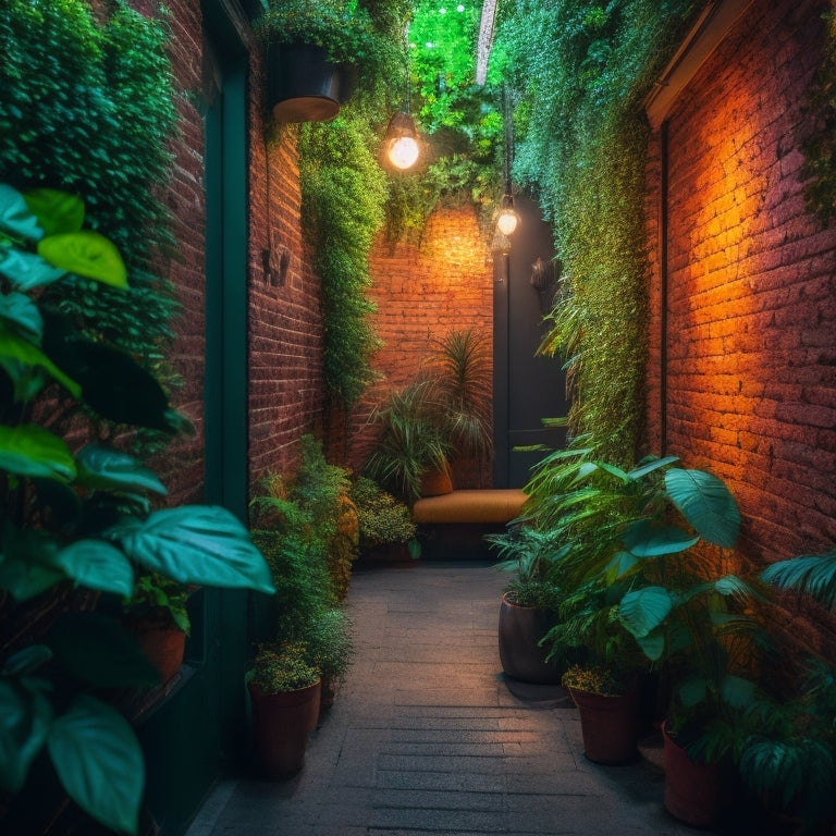 An urban alleyway transformed by a vibrant, lush vertical garden, with varied greenery spilling from wooden planters, interspersed with twinkling string lights and a secluded seating nook.