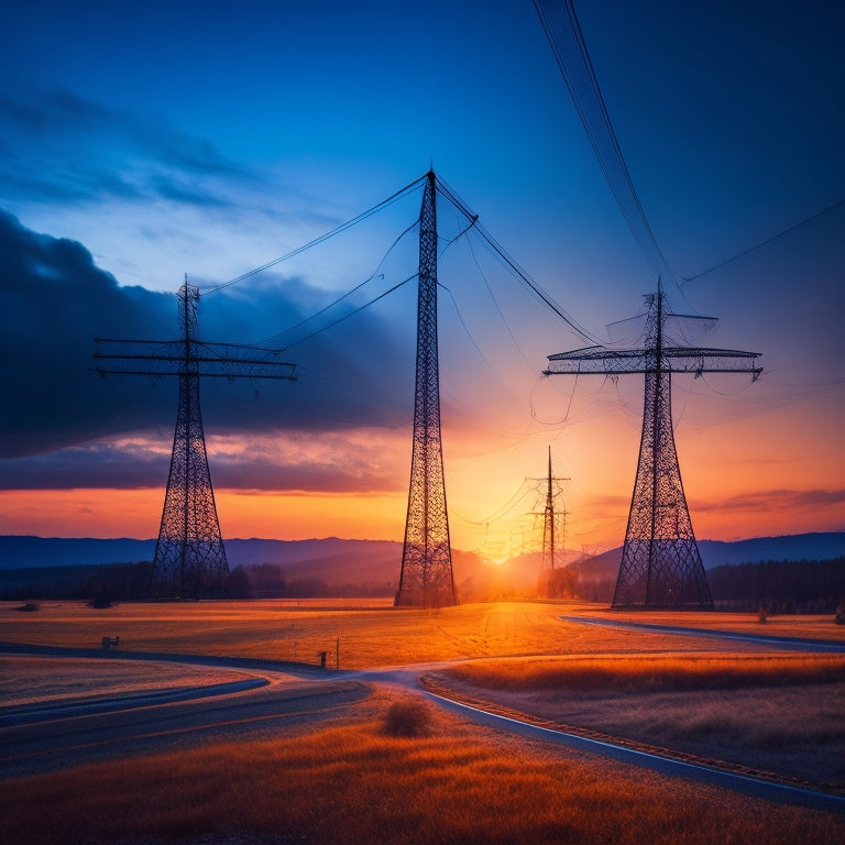 A stylized illustration of the European continent at dusk, with glowing power lines and transmission towers crisscrossing the landscape, amidst swirling clouds of blue and orange hues.