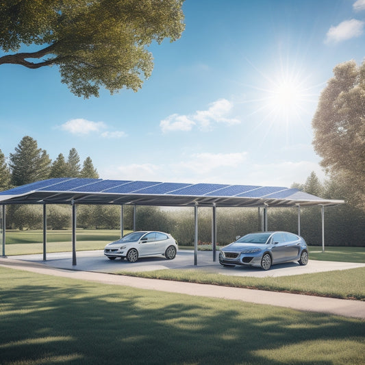 A modern, sleek carport with solar panels on the roof, shading a row of three electric vehicles charging beneath, amidst a lush green lawn and a bright blue sky with a few puffy white clouds.