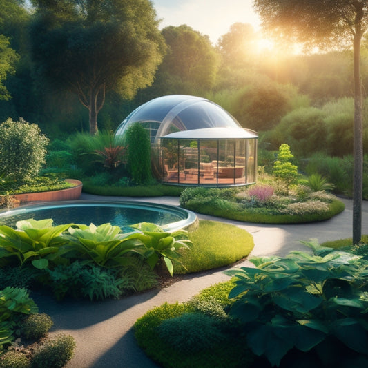 A futuristic, sustainable backyard with a solar-powered greenhouse, vertical hydroponic garden, and a rainwater harvesting system, surrounded by lush greenery and a modern, eco-friendly home in the background.