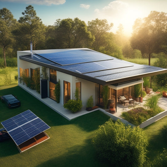 A serene, modern solar-powered home with sleek rooftop panels, surrounded by lush greenery, featuring a prominent battery bank with various units and cables in the foreground.