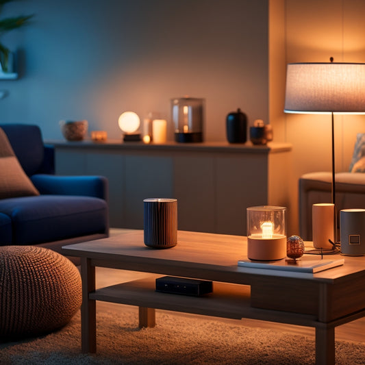 A modern living room with a smart speaker on a coffee table, surrounded by lamps and devices plugged into a voice-activated power strip, with a subtle glow of LED lights indicating energy efficiency.