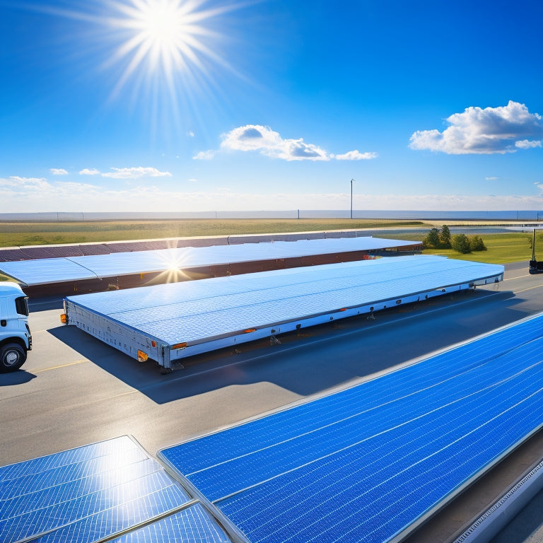 A photorealistic illustration of a commercial truck's rooftop with sleek, high-efficiency solar panels installed, set against a bright blue sky with fluffy white clouds.