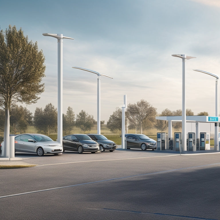 An illustration of an electric vehicle fleet station with sleek, modern charging stalls, organized cable management, and ample space for vehicles, set against a clean, minimalist background with subtle grid lines.