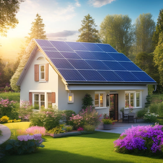 An illustration of a house with solar panels on the roof, surrounded by blooming flowers and lush greenery, with a subtle grid of energy-efficient upgrades (e.g., insulated windows, LED lights) visible beneath the surface.