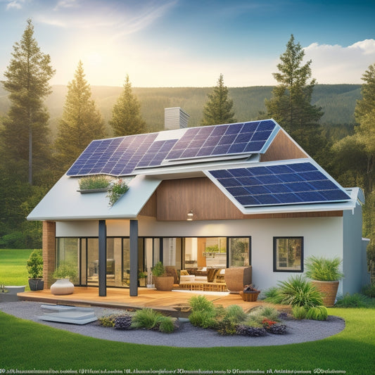 An illustration of a modern, eco-friendly home with solar panels on the roof, surrounded by lush greenery, featuring various energy-efficient appliances with green tags and ribbons, amidst a subtle background of circuit boards and energy graphs.