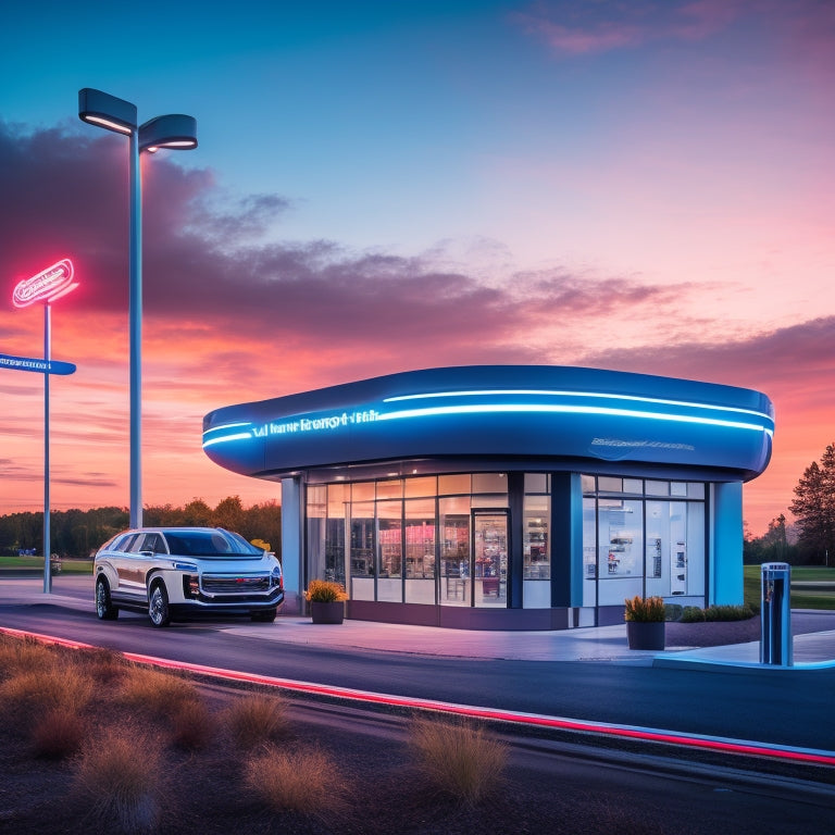 A futuristic GMC electric vehicle parked in front of a sleek, modern dealership building with a bold, curved facade and a bright, glowing electric charging station in the foreground.