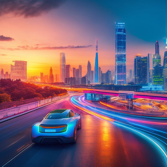 A futuristic cityscape at dusk with sleek, curved electric vehicles zooming past a blurred urban background, amidst neon-lit skyscrapers and winding roads, with charging stations and solar panels integrated into the infrastructure.