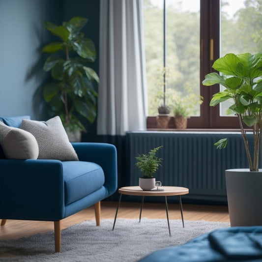 A modern living room with a sleek, minimalist air sensor device on a side table, surrounded by lush green plants, with a subtle background gradient of blue and green hues, conveying freshness and serenity.