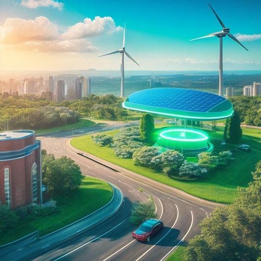 An illustration of a futuristic cityscape with electric vehicles, wind turbines, and solar panels, interconnected by glowing green circuits, amidst a backdrop of lush greenery and a bright blue sky.