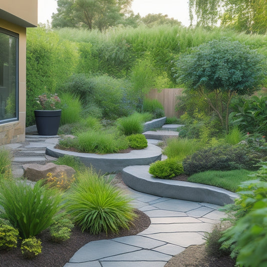 A serene, modern backyard with lush greenery, featuring a discreet greywater system with a small, curved tank, surrounded by thriving plants and a winding stone path.