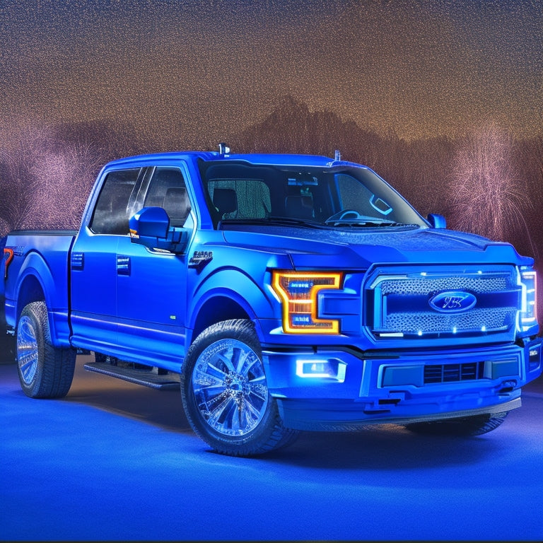 A futuristic, electric blue 2024 Ford F-150 pickup truck on a sleek, black background, with vibrant, neon-lit circuitry patterns embossed on its body, surrounded by faint, glowing electric sparks.