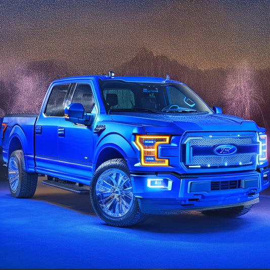 A futuristic, electric blue 2024 Ford F-150 pickup truck on a sleek, black background, with vibrant, neon-lit circuitry patterns embossed on its body, surrounded by faint, glowing electric sparks.