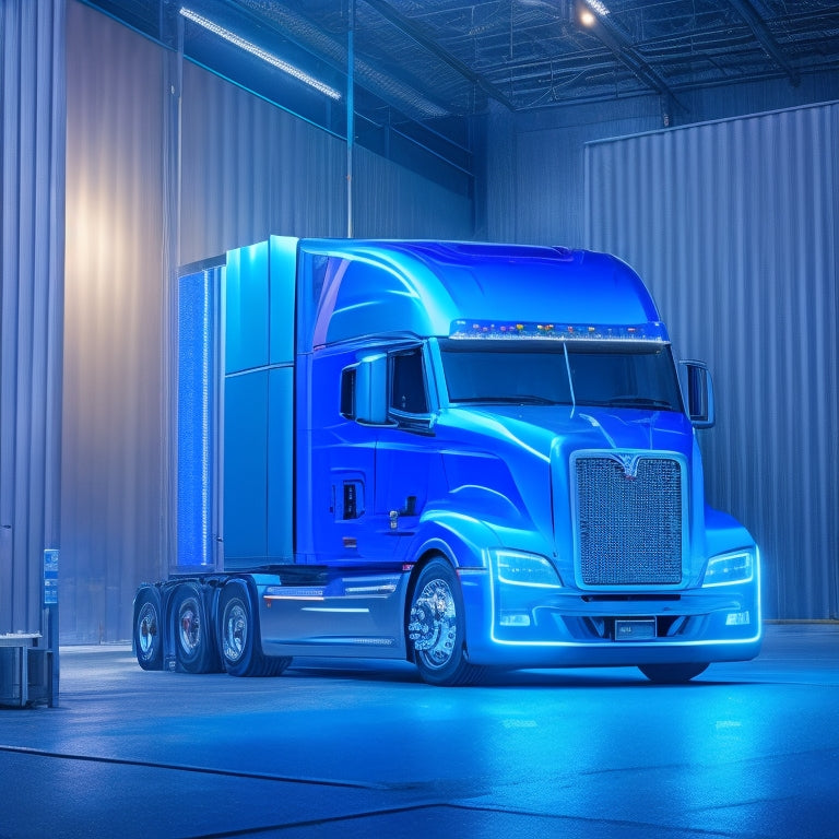 A futuristic, high-angle illustration of a sleek, silver semi-truck, with glowing blue accents, parked in a modern, minimalist warehouse, surrounded by holographic screens and futuristic tools.