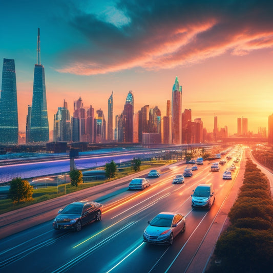 A futuristic cityscape at dusk with sleek, electric vehicles of varying sizes and shapes zooming past a row of glowing charging stations, amidst a backdrop of towering skyscrapers and wind turbines.