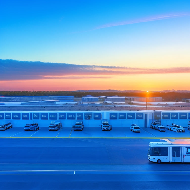 A futuristic illustration of a sprawling USPS depot at dawn, with dozens of sleek, electric postal trucks in various shades of blue, charging at stations adorned with gleaming solar panels.