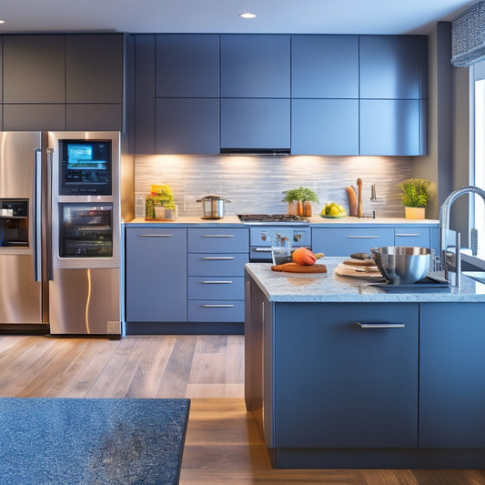 A modern kitchen with sleek, stainless steel countertops and cabinets, featuring energy-efficient gadgets like a induction cooktop, LED-lit refrigerator, and a stand mixer with an eco-mode button.